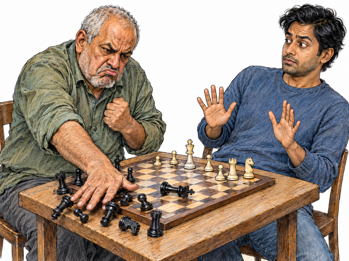 An older adult throws a visibly childish tantrum over a lost chess game, sweeping away the pieces while his composed opponent recoils.