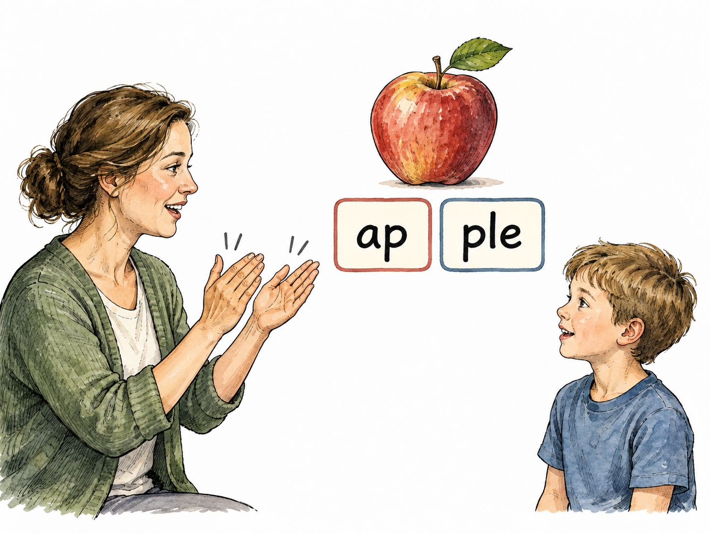 A teacher claps twice while teaching the word apple, with exactly two separated sound blocks marked ap and ple.
