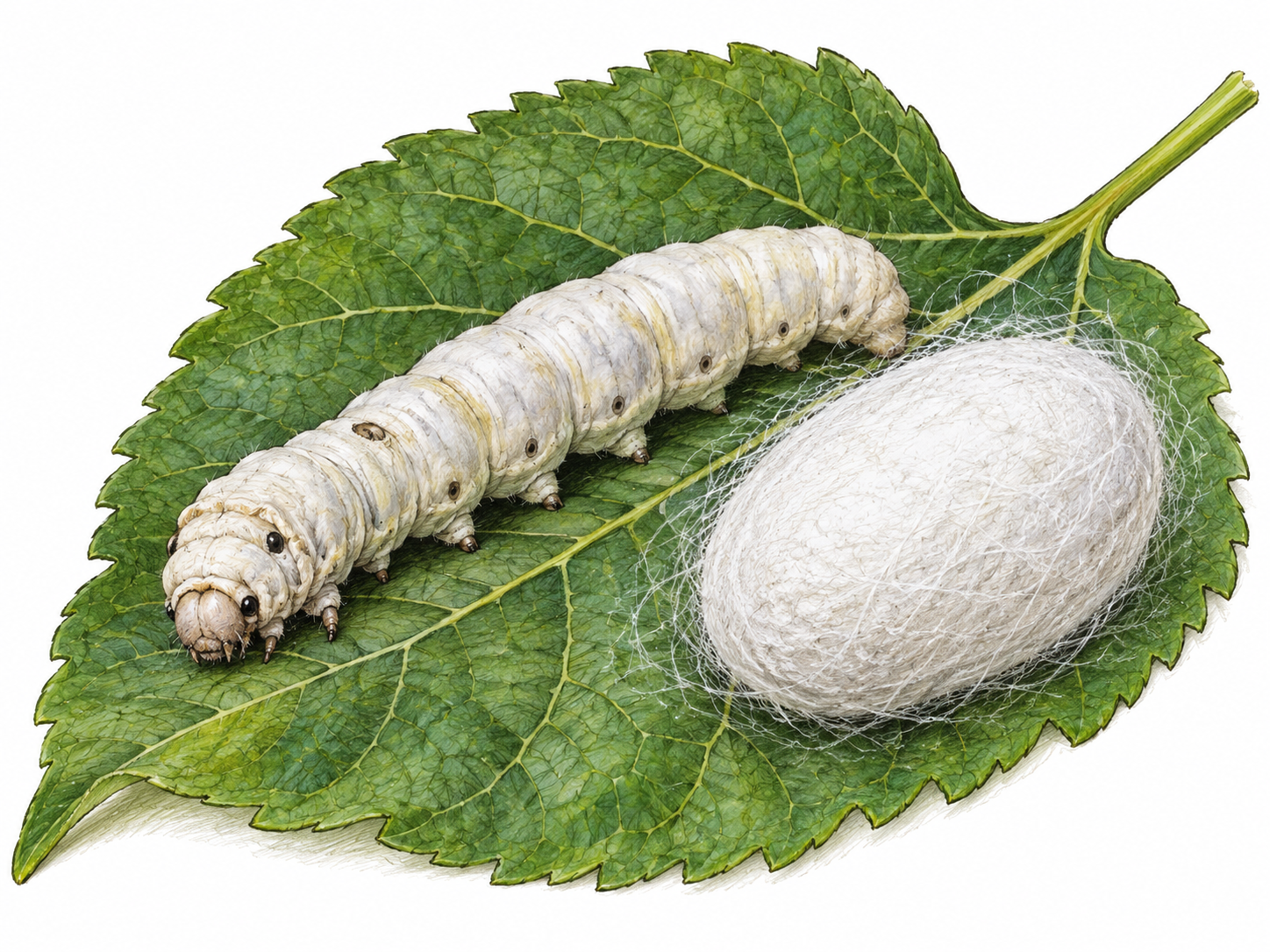 A pale domesticated silkworm caterpillar rests on a mulberry leaf beside a single silk cocoon; natural segmented body and small legs, no butterfly wings.