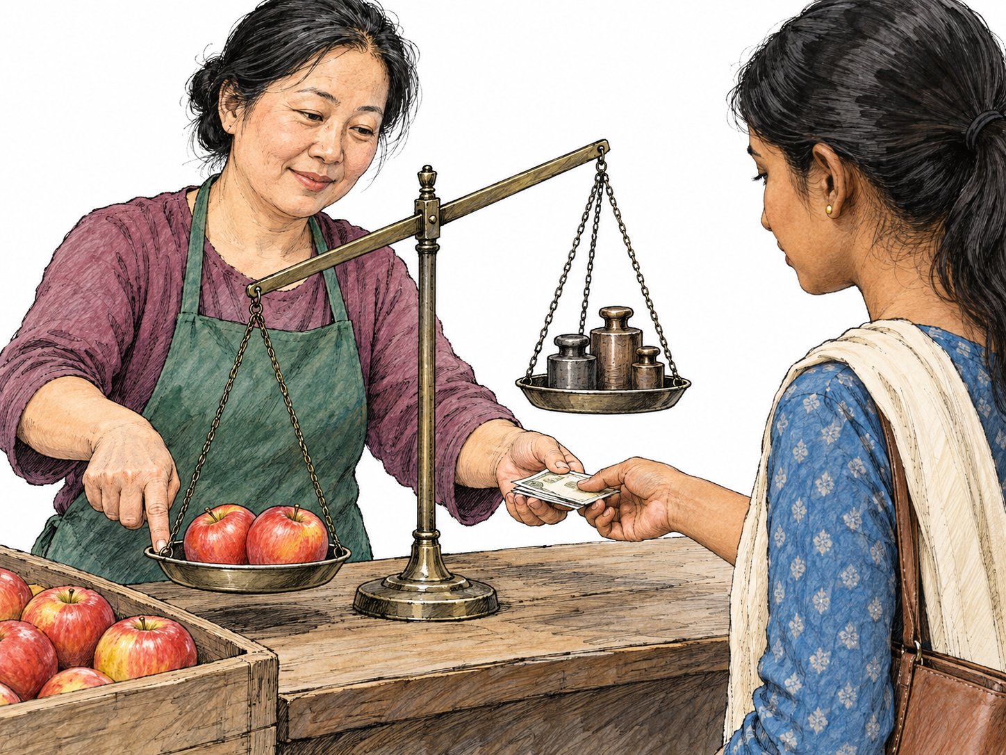 A dishonest produce seller secretly pushes down the goods pan of a balance scale while accepting a customer's payment, making a small purchase appear heavier.