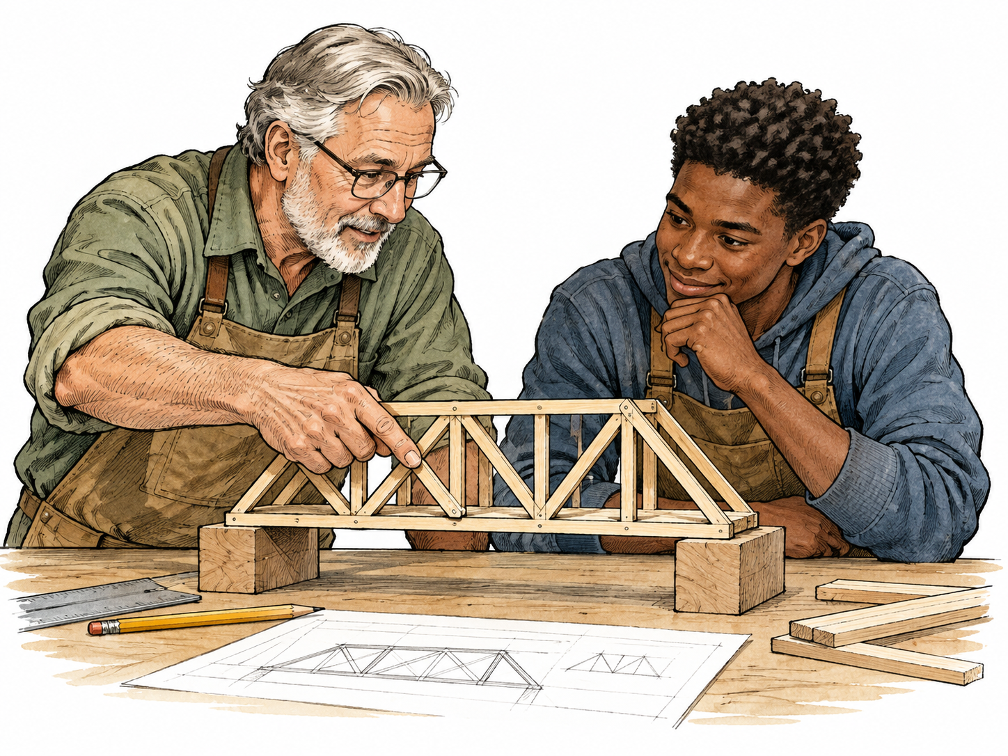 Older white mentor points to an improved bracing solution on young Black builder's model bridge.