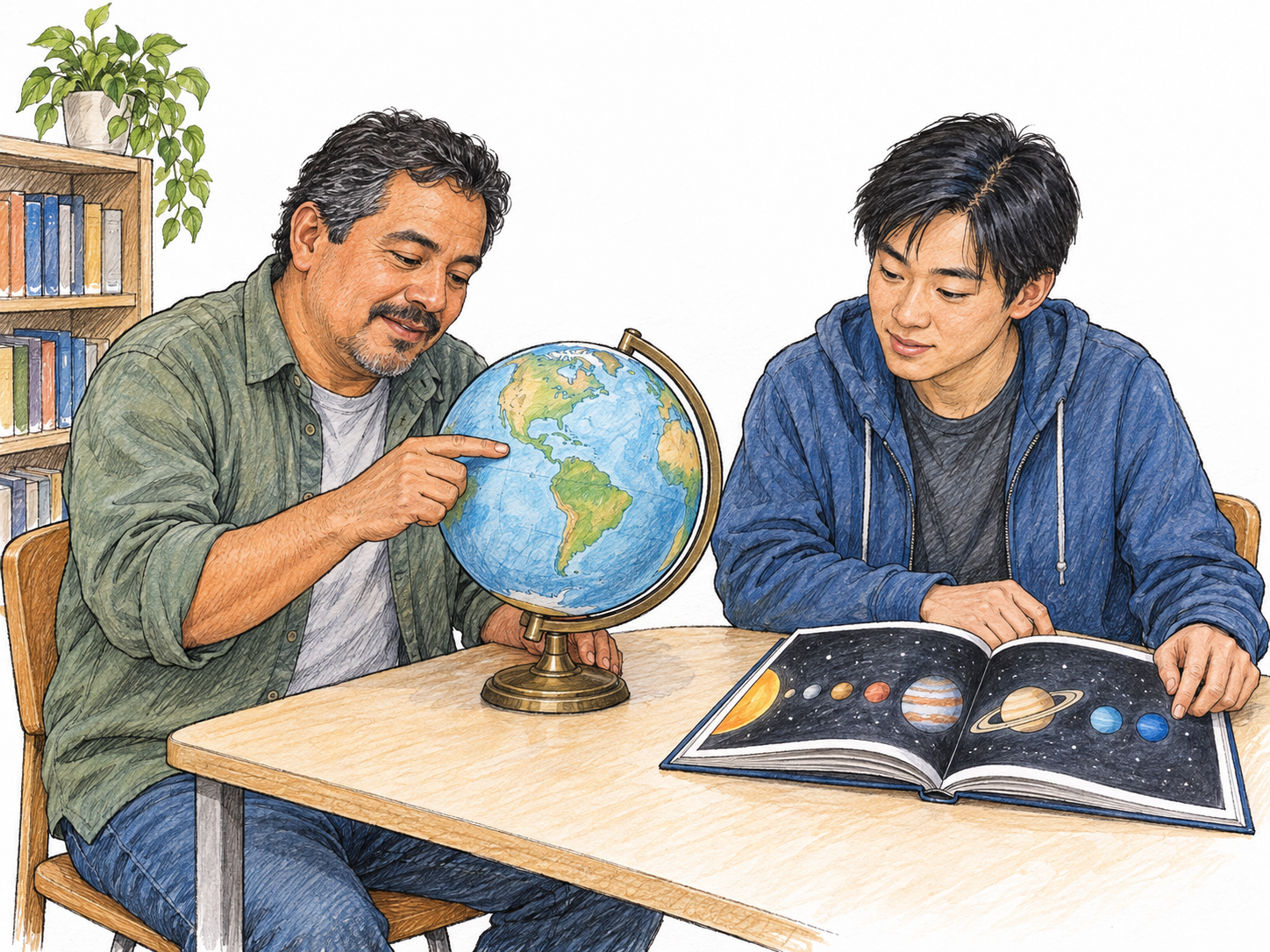 A nonreligious learning activity in a public library: two adults examine a tabletop globe and an illustrated astronomy book, with the focus on ordinary civic education rather than religious instruction.