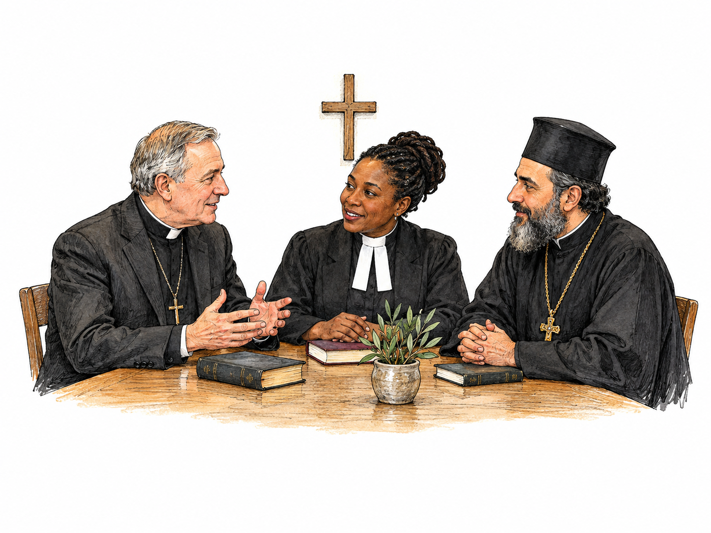 Three Christian clergy from different traditions meet cooperatively around a plain table, small cross behind, no denominational slogans.