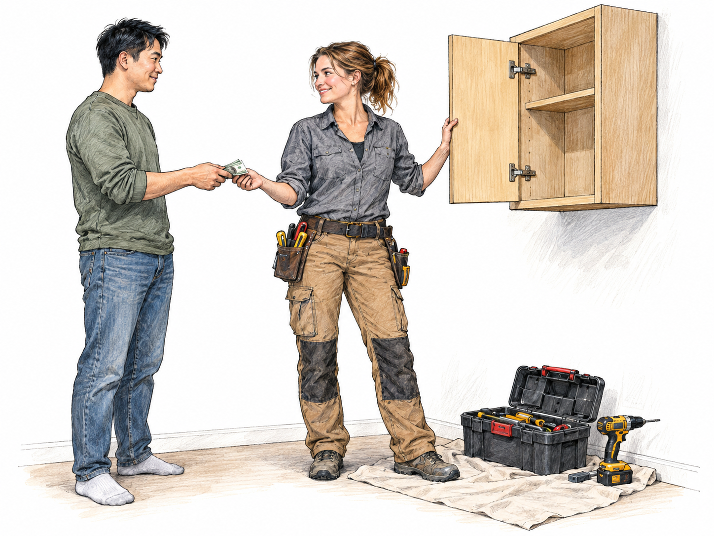 A residential contractor receives payment from a homeowner beside the cabinet she has installed, with her installation tools still open nearby.