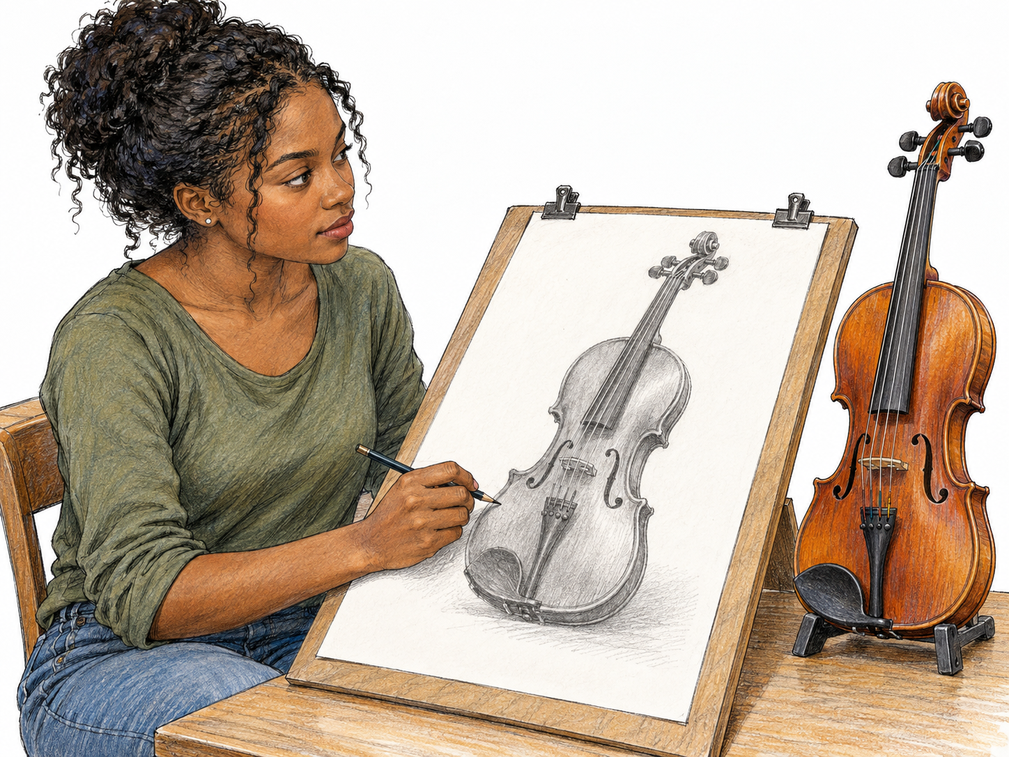 A young artist demonstrates exceptional drawing skill: beside a real violin, she finishes a closely observed, beautifully proportioned pencil drawing of that same violin.