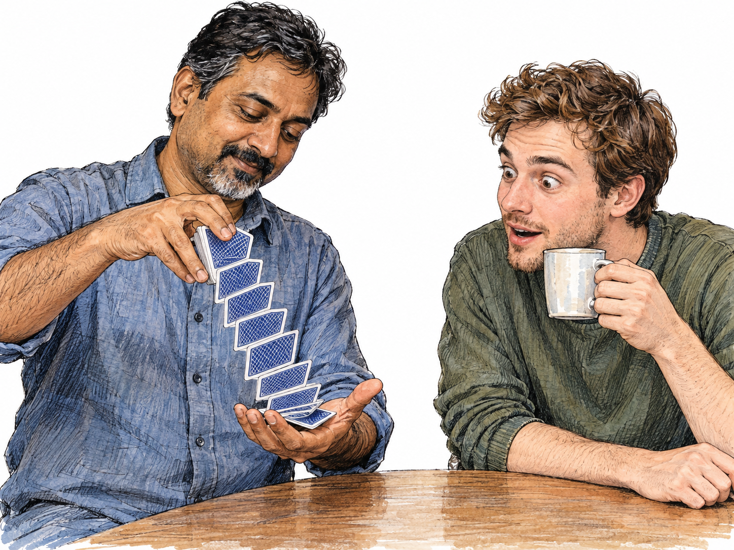 A close-up magic performance captivates a spectator: a magician fans a cascade of playing cards between his hands while the spectator leans forward, eyes fixed on the cards, mouth slightly open, with a raised cup forgotten halfway to his lips.