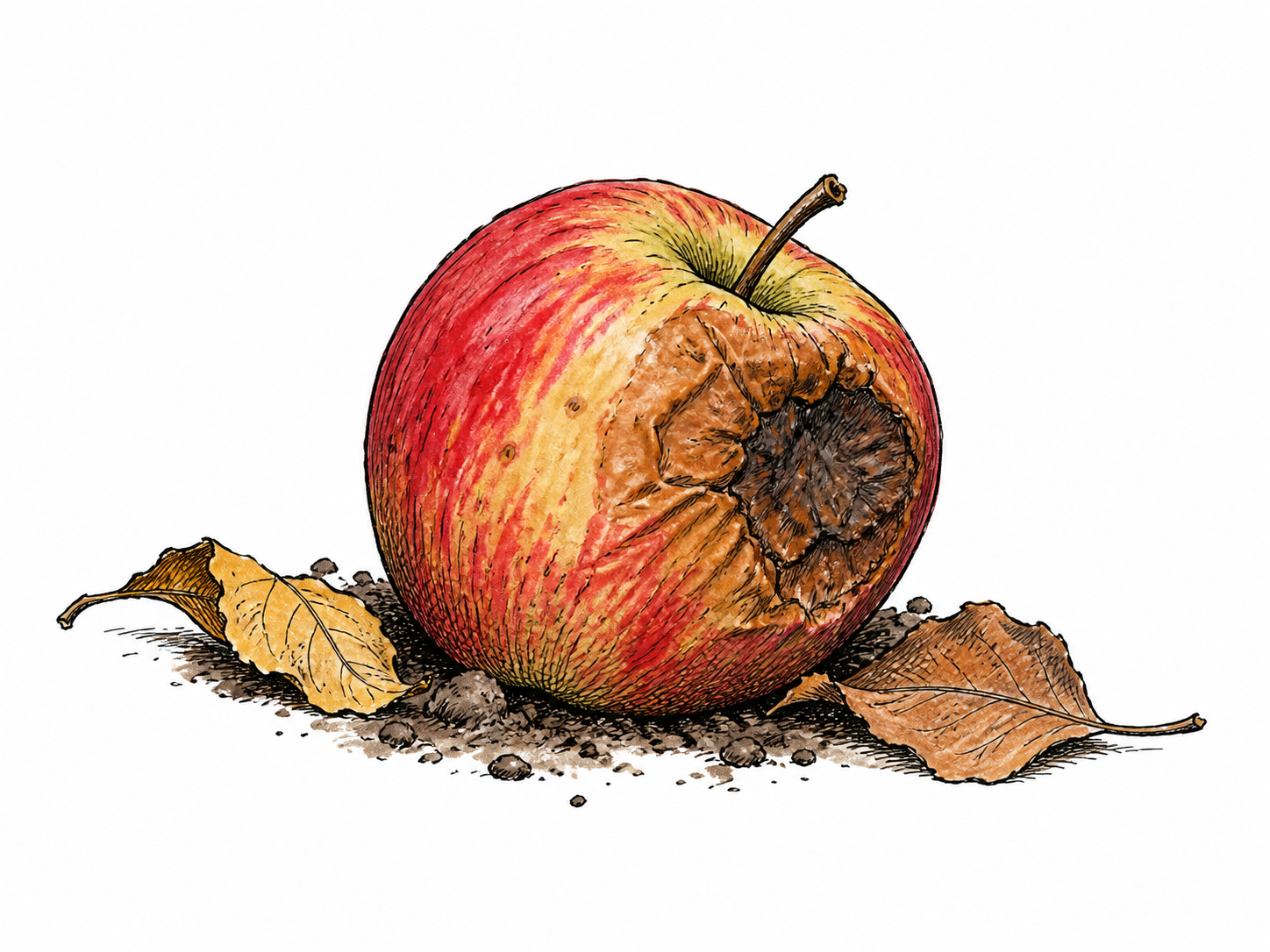 A fallen apple decomposes into softened discolored tissue beside leaf litter; natural decomposition shown respectfully, no cartoon smell lines.
