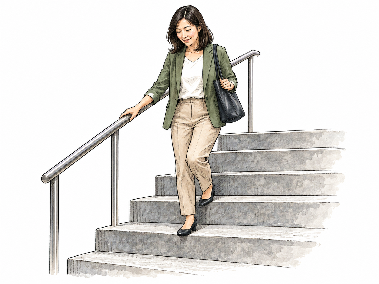 An adult woman walks down a staircase, one foot on the lower step and hand on rail, motion clearly downward, simple modern public steps.