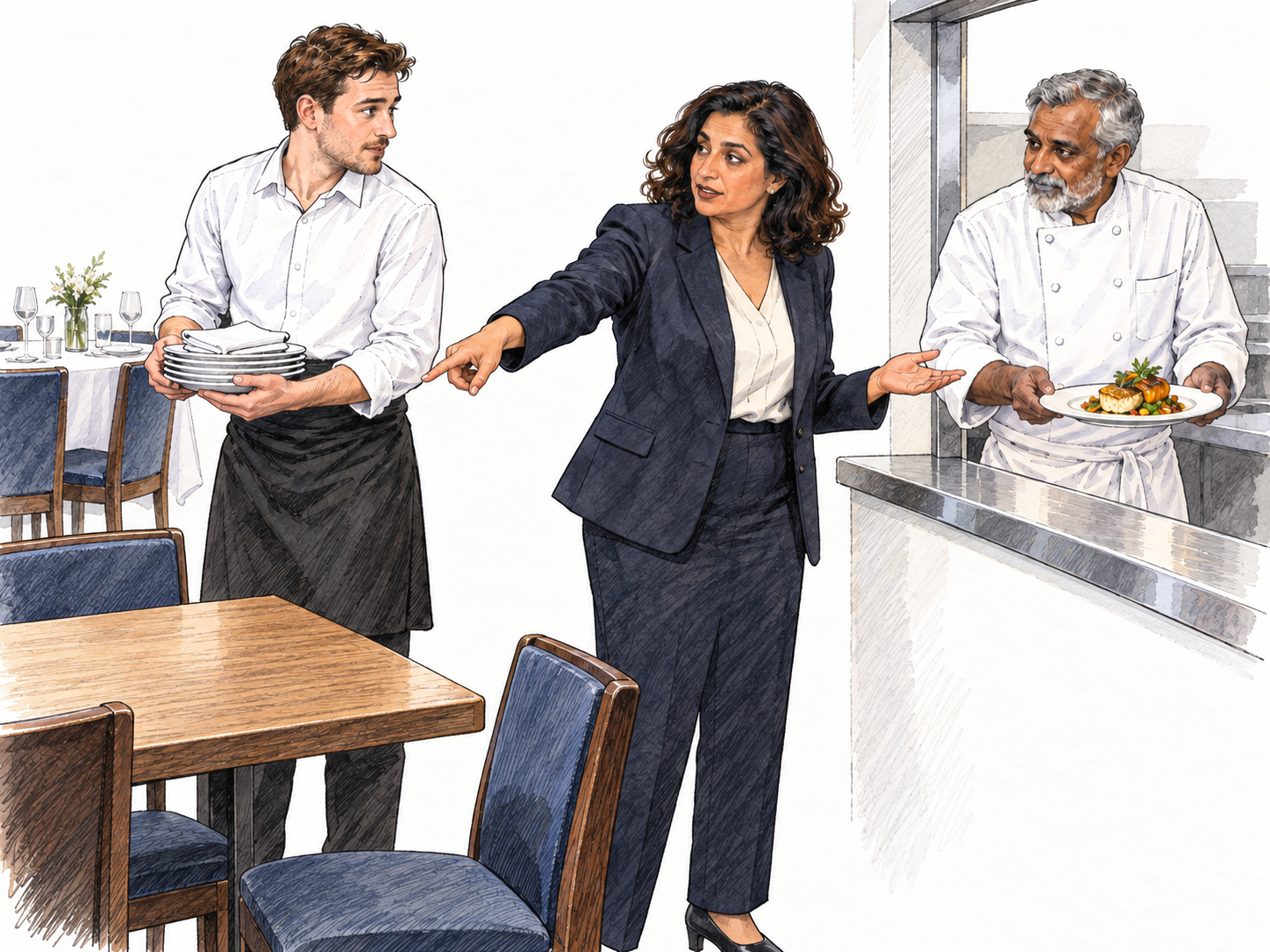 A restaurant manager oversees both dining-room service and the kitchen: from a central position beside the service station, she directs a waiter toward an unset table while a chef presents a finished plate for her inspection.