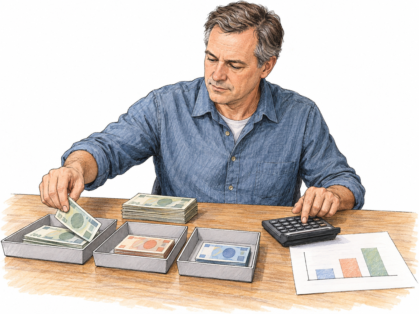 A financial manager allocates cash into separate budget trays while checking a calculator and a simple financial chart, making active money management—not payment or shopping—the central action.