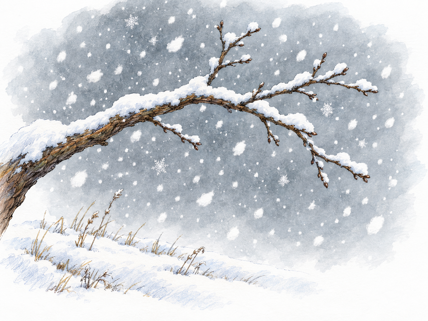 White snowflakes visibly falling around a bare branch and collecting as soft snow on the branch and ground.