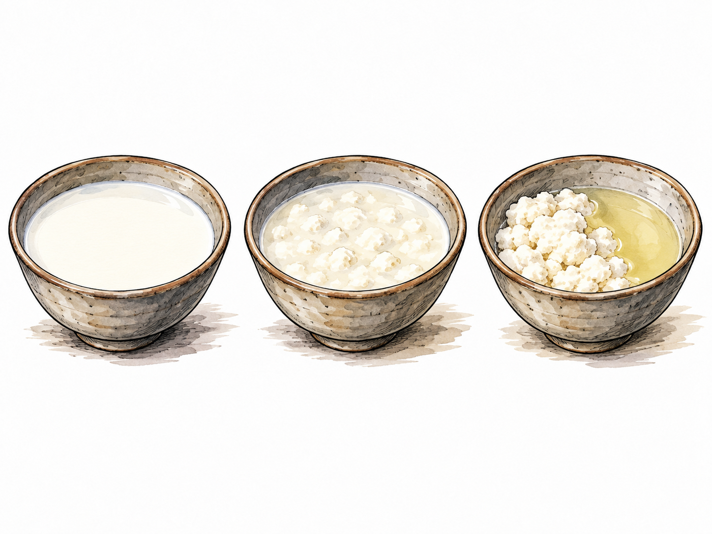 Three small successive bowls show smooth milk, forming curds, then separated curds and whey; no labels.