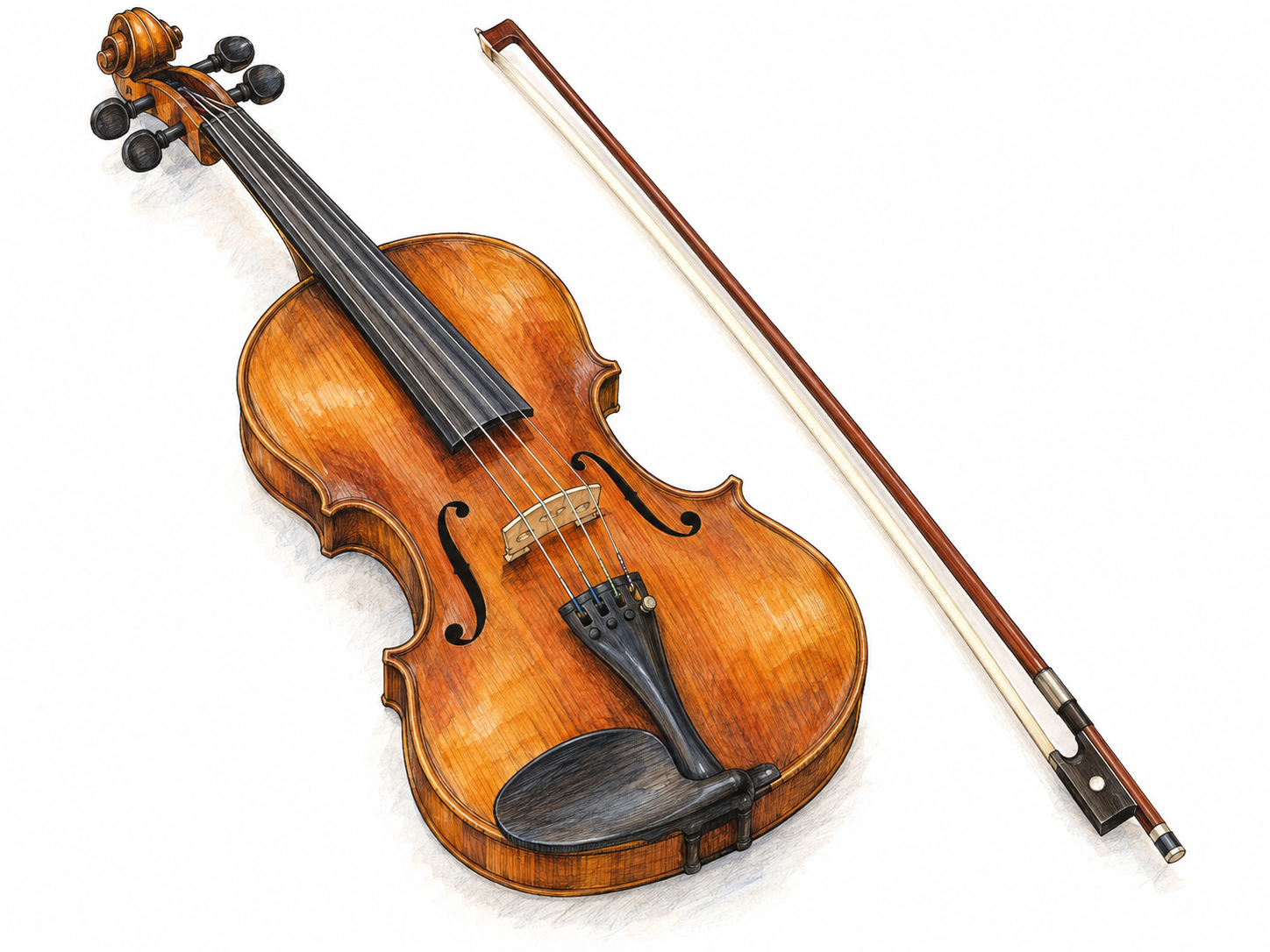 A clearly drawn wooden fiddle and its bow, isolated together so the instrument itself is immediately recognizable.