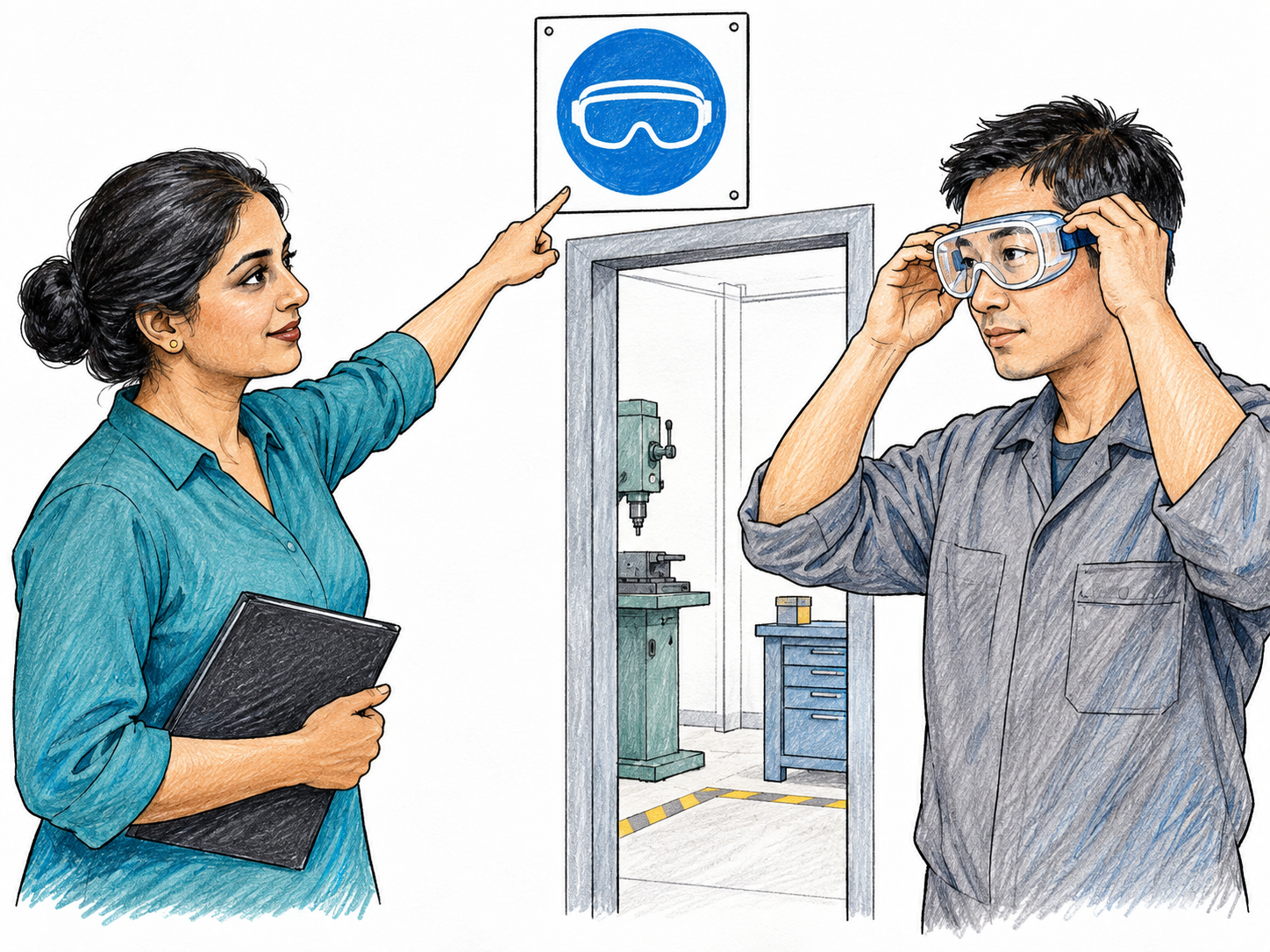 Manager indicates simple safety rule poster containing only protective-goggles icon above entrance, worker puts on safety goggles before entering work area; rule guiding action.