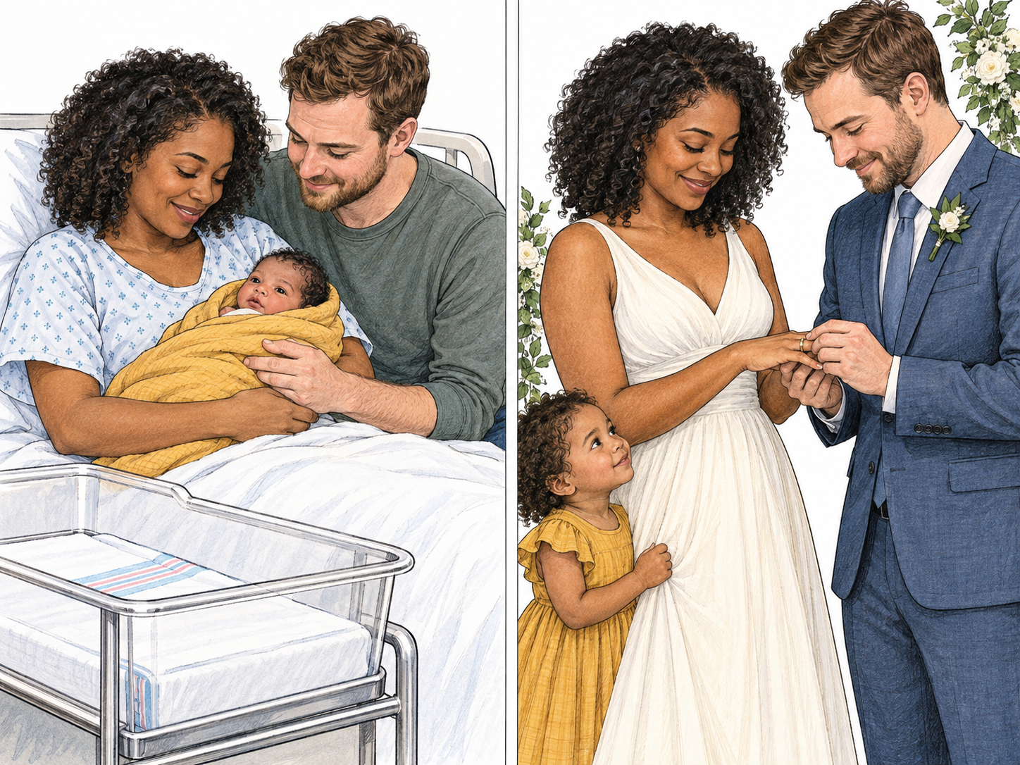 The condition of being born to unmarried parents, depicted through a two-scene sequence showing a couple welcoming their newborn and subsequently marrying with their now-toddler child beside them.