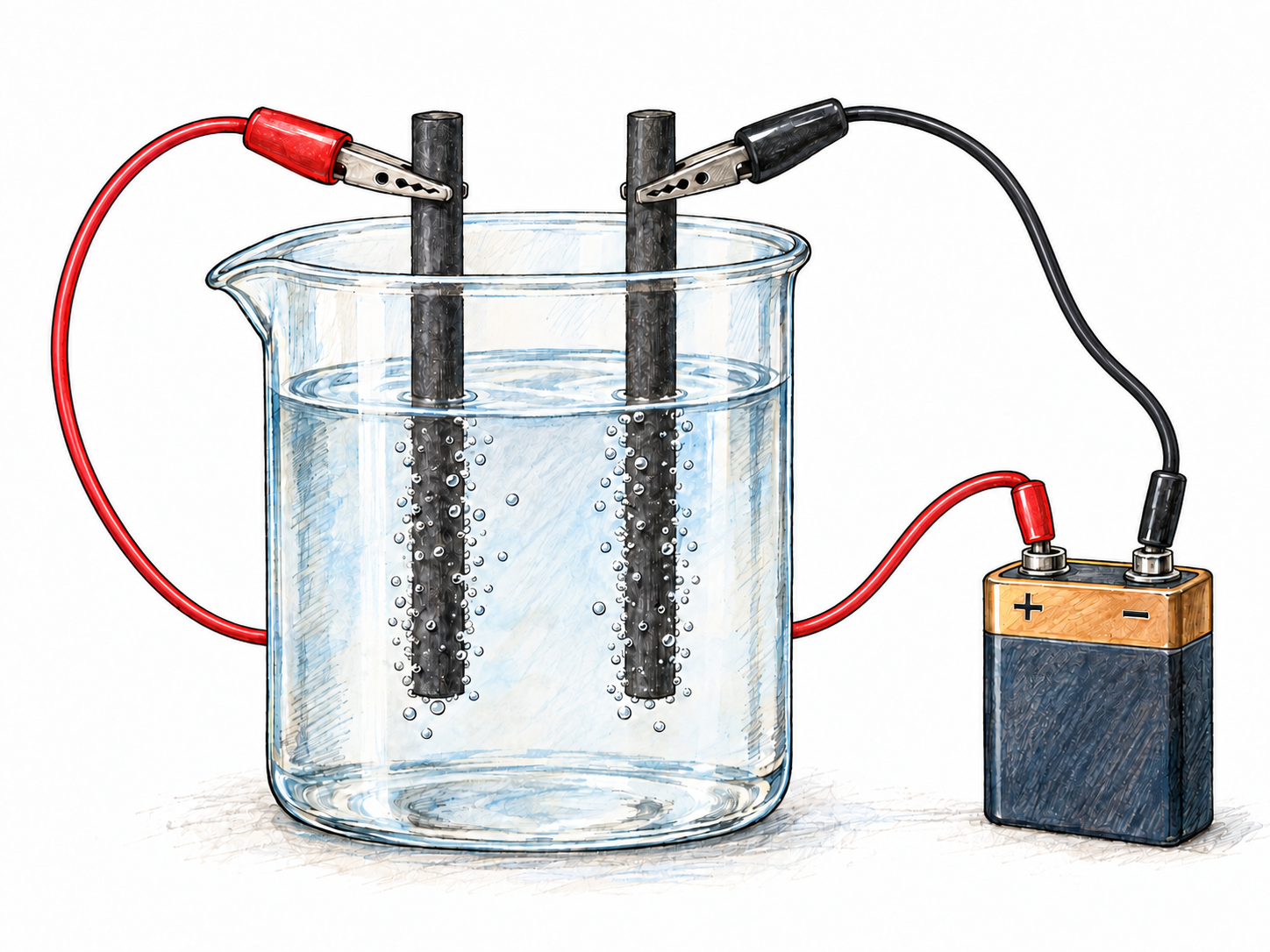 A simple working electrolysis setup makes the electrodes visible: two graphite rods dip into clear liquid, each connected by a wire to a battery, with bubbles forming directly on the submerged rod surfaces.