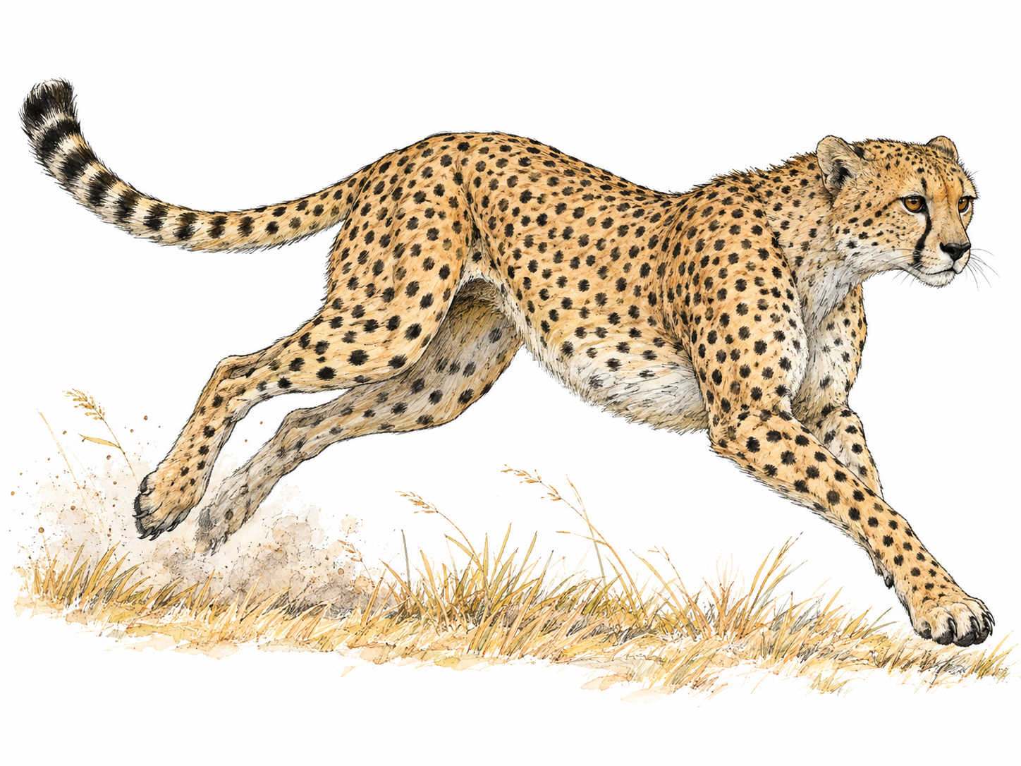 A single cheetah sprinting across a sparse patch of dry grass, with its slender body, solid black spots, facial tear marks and long balancing tail clearly visible.