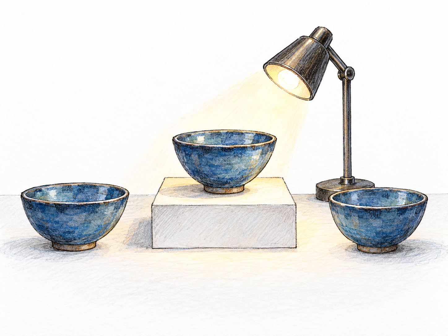 A display gives one ceramic bowl conspicuously greater importance than its otherwise identical companions through elevation and a focused spotlight.