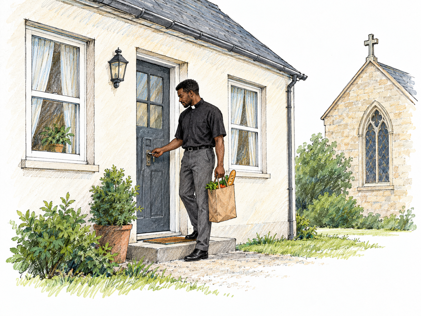 A modest parish house beside a small church, with a young rector in a clerical collar unlocking the house's front door while carrying a grocery bag, clearly presenting it as his home rather than the church itself.