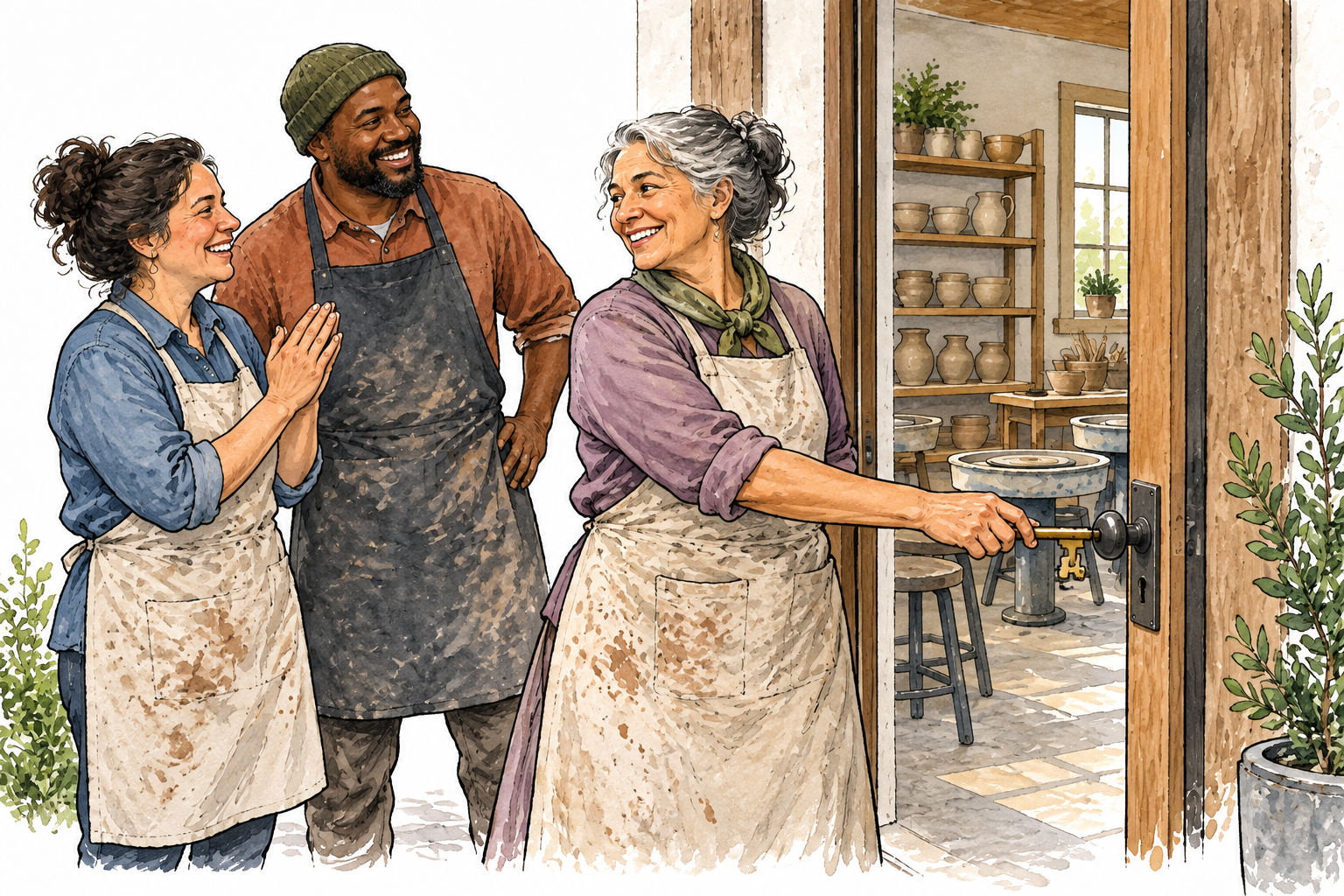 An older woman who founded a small pottery cooperative proudly unlocks its new studio entrance with a large plain key as two adult colleagues greet her warmly; she is the clear central organizing person, unmarked pottery shelves and wheels visible inside.