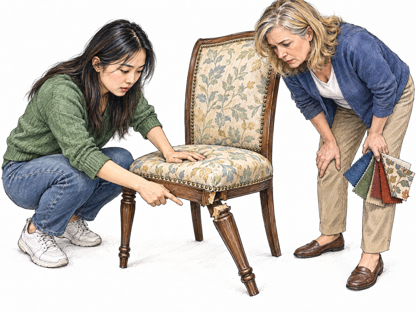 Materiality shown through the contrast between cosmetic details and a structural defect during a chair assessment: attractive upholstery is set aside while a broken load-bearing joint becomes the focus of the decision.