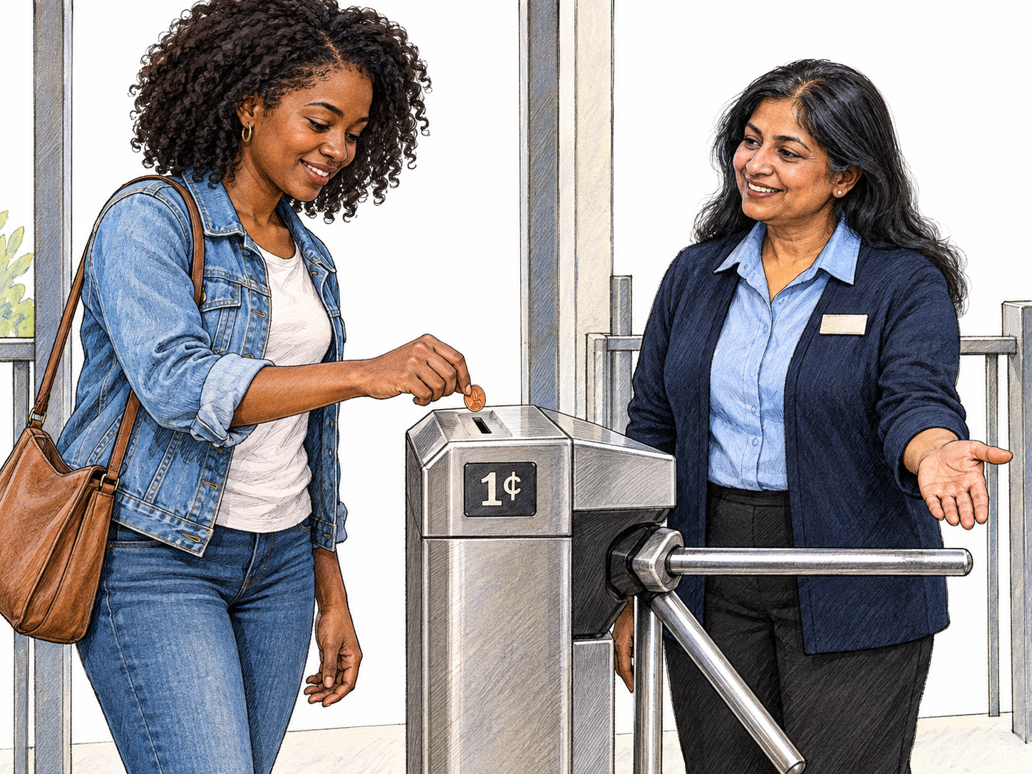 A visitor pays a token one-cent admission fee at a staffed entrance: a single penny, a coin-operated turnstile and its tiny price display make the very small amount concrete.