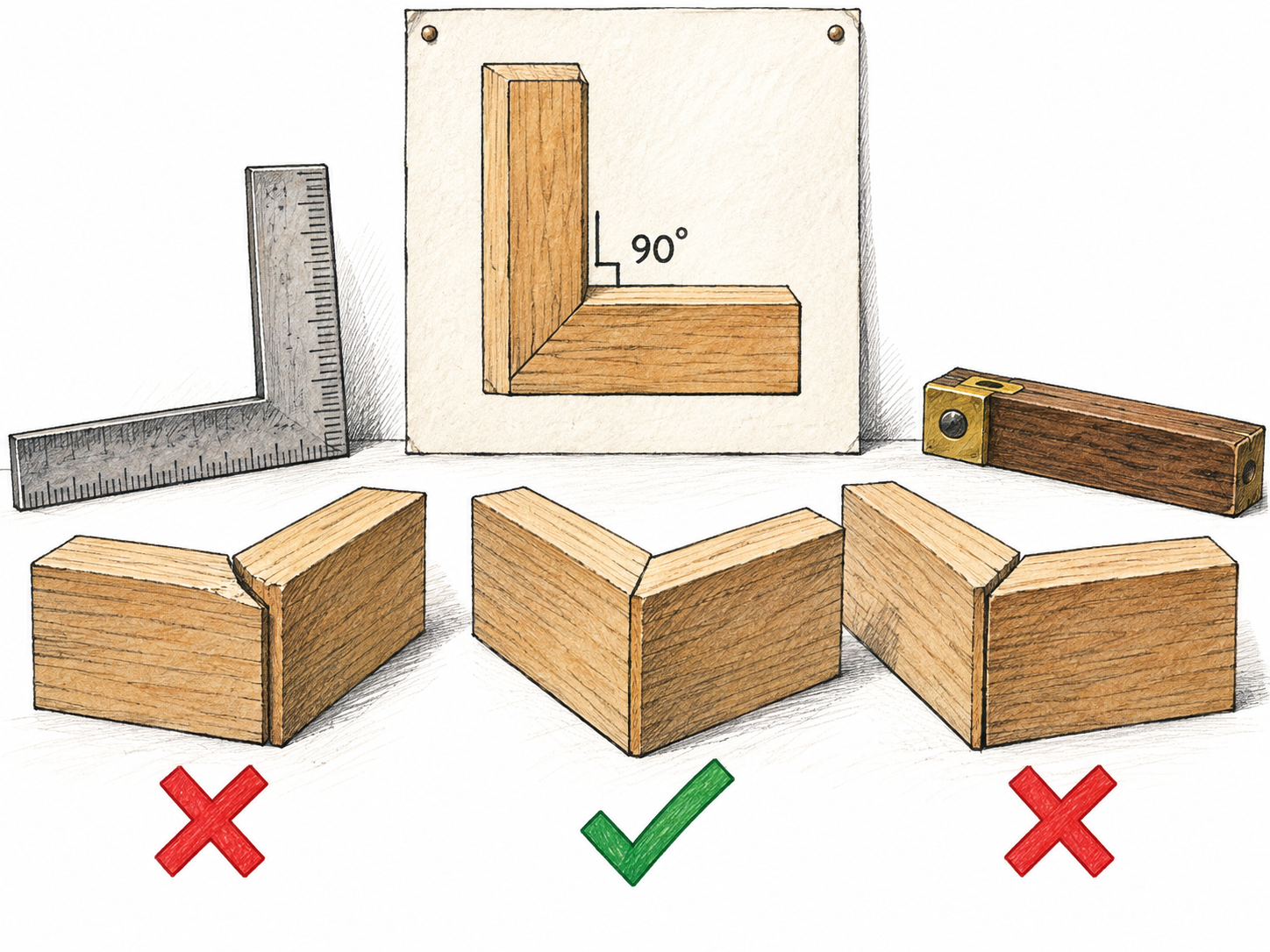A workshop quality standard shows a desired right-angle joint beside examples being evaluated against it; how things should be, rather than statistical average, no prose.