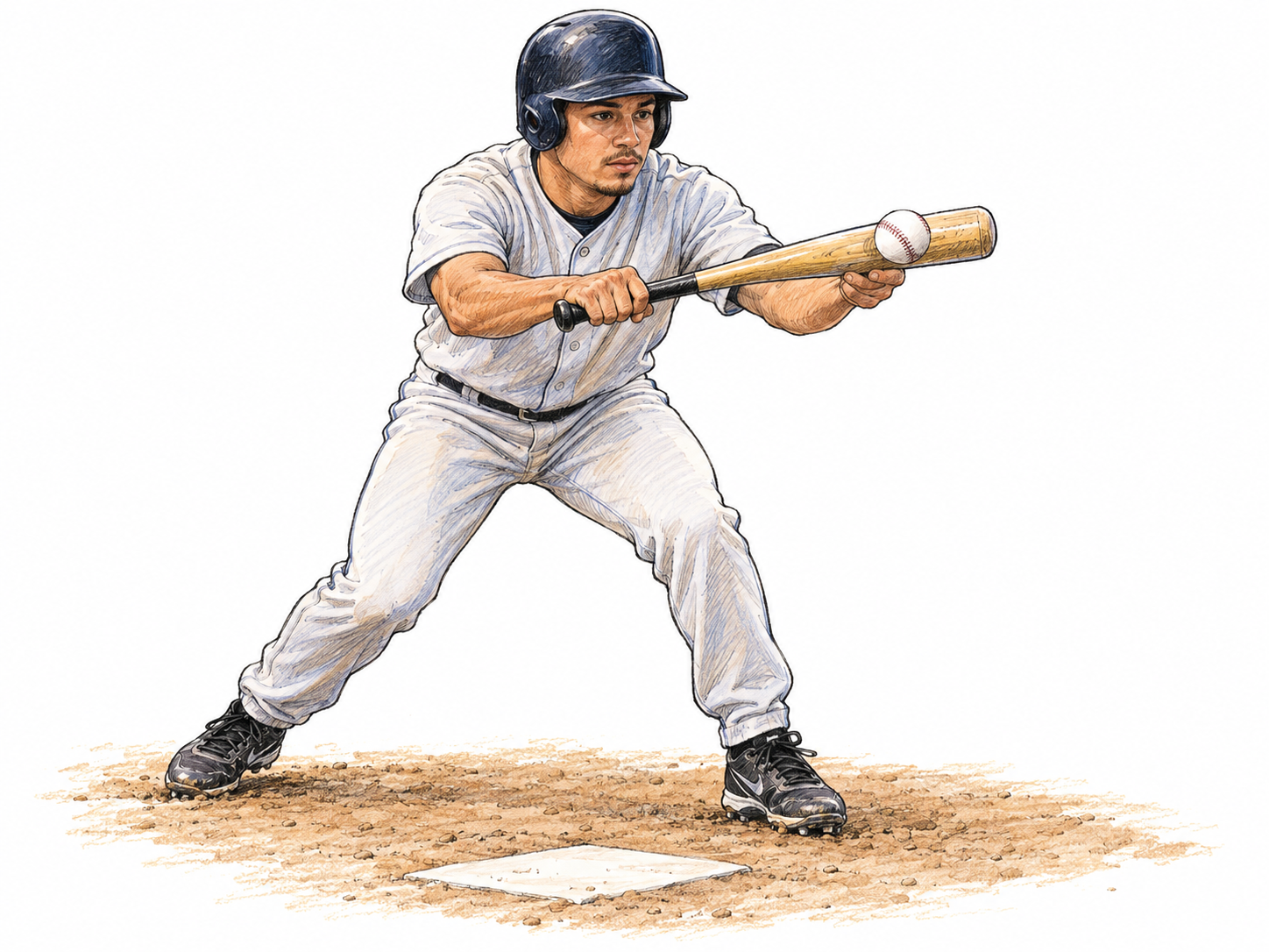 A baseball batter squares to bunt, holding the bat nearly horizontal in front of his chest as the ball touches its barrel.