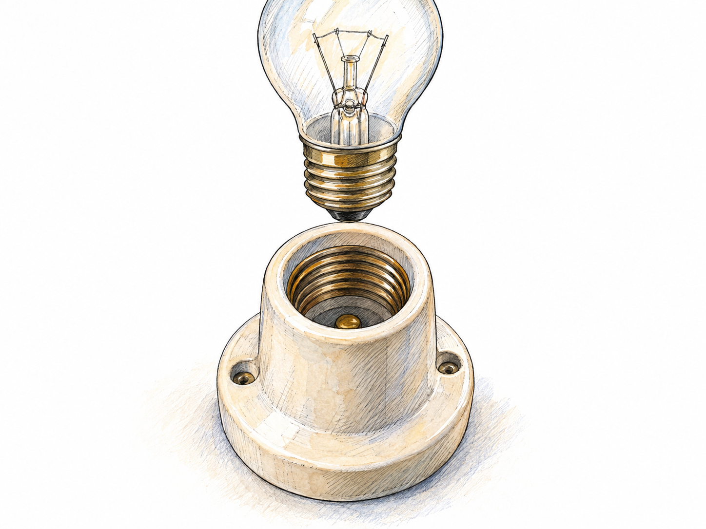 Close-up of an empty ceramic light-bulb socket, with its hollow threaded opening clearly visible and a matching screw-base bulb aligned just above it.