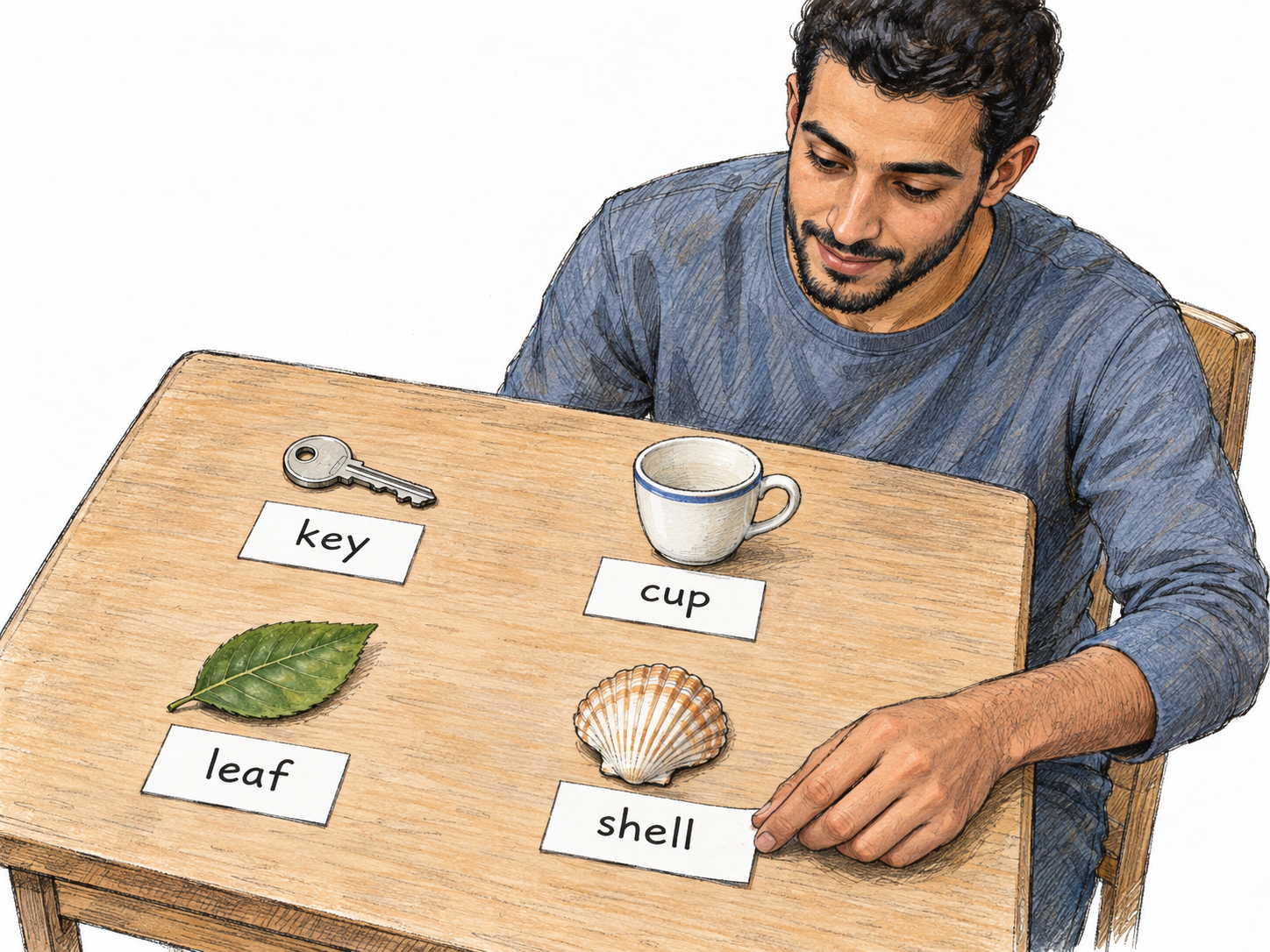 Make a person's understood words visible through a compact word-to-object matching activity: several correctly matched written words show a small sample of his vocabulary, with another match in progress.