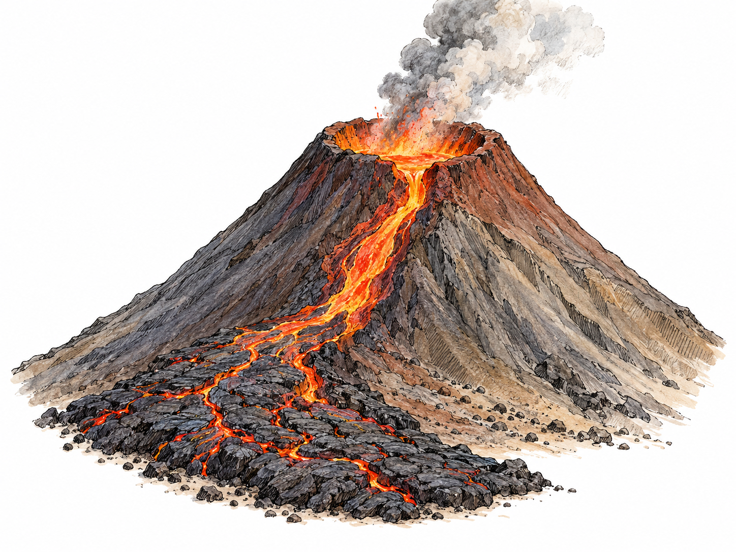 A volcano with a clearly visible summit crater feeding a continuous lava flow that cools into dark rock on its lower slope, making the volcanic origin of the material visible.