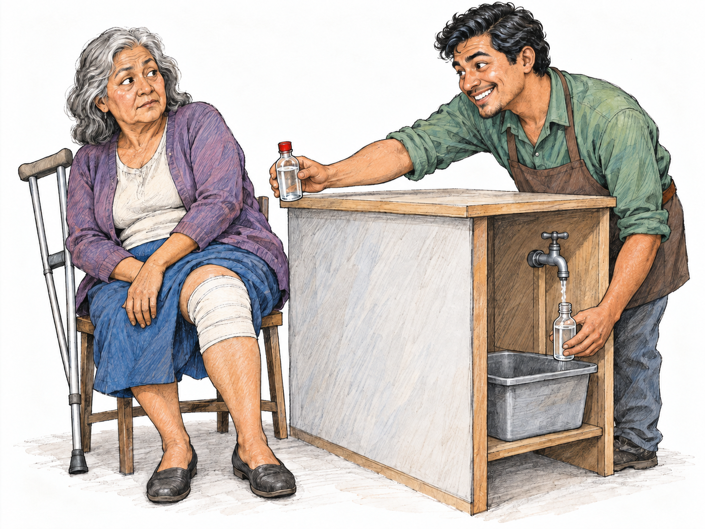 A remedy seller offers a bottled cure to an injured customer while secretly filling an identical bottle from an ordinary water tap beneath his counter.