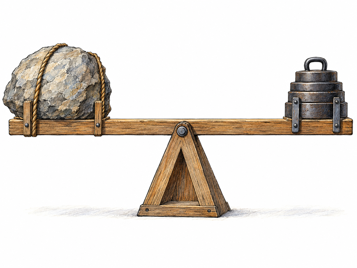 A heavy stone on one end of a level balance beam is countervailed by iron counterweights on the other end, visibly offsetting its downward pull.