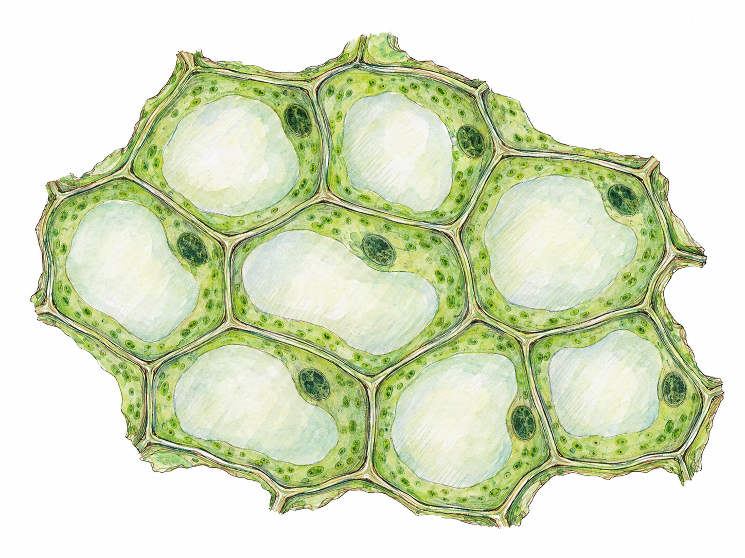 A close microscopic view of plant tissue, with adjoining compartments and visible nuclei making its cellular structure immediately apparent.