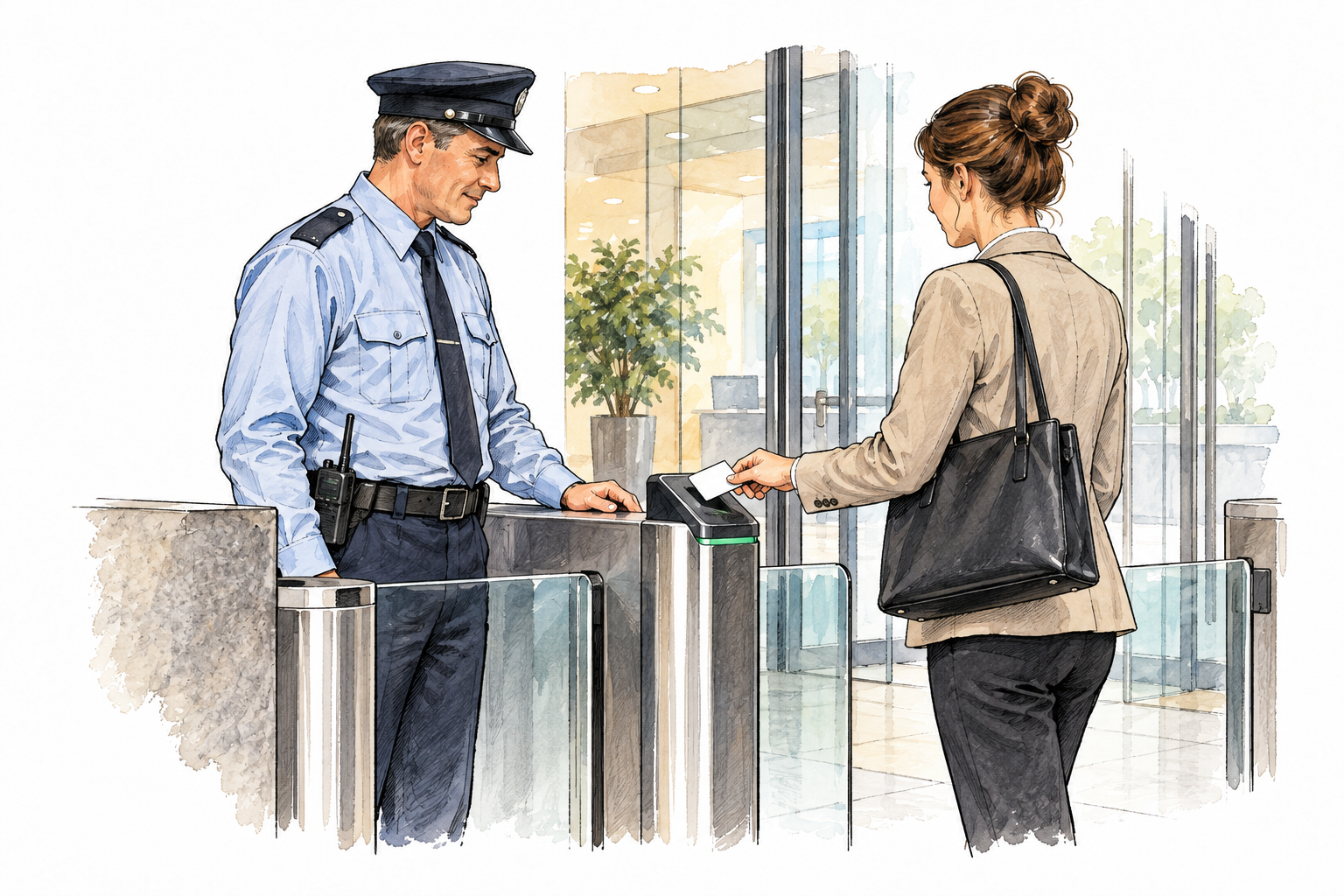 A security guard checks a plain access card at a secure office entrance with a controlled gate, protection against unauthorized access, no lettering.