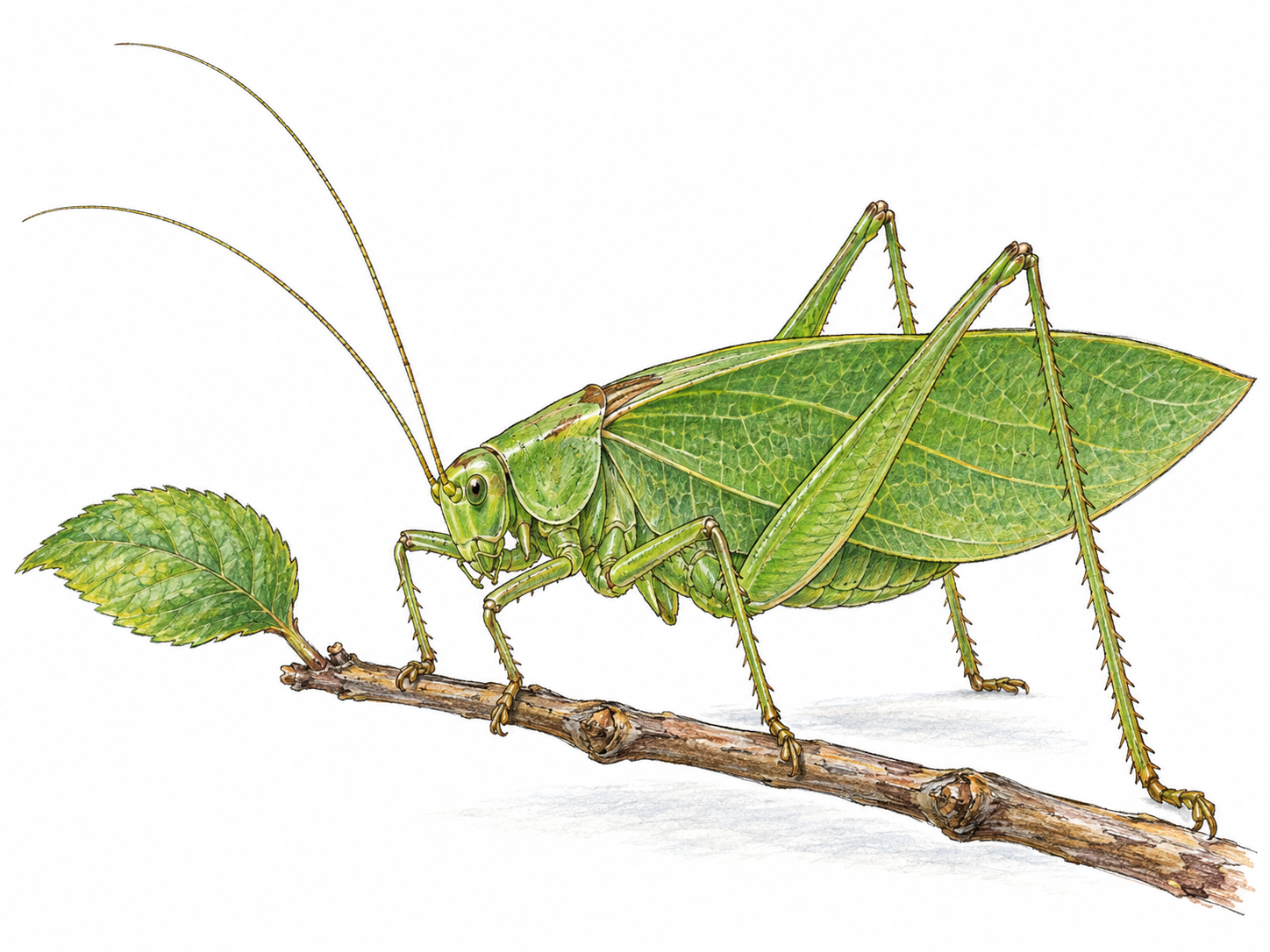 A close, anatomically clear view of a green katydid perched on a slender twig, emphasizing leaflike wings, extremely long antennae, and powerful bent hind legs.