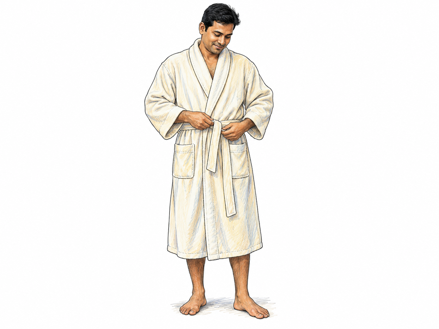 Adult man stands comfortably tying belt of loose calf-length bathrobe over fully covered body, relaxed morning posture and bare feet, isolated white, garment main subject.