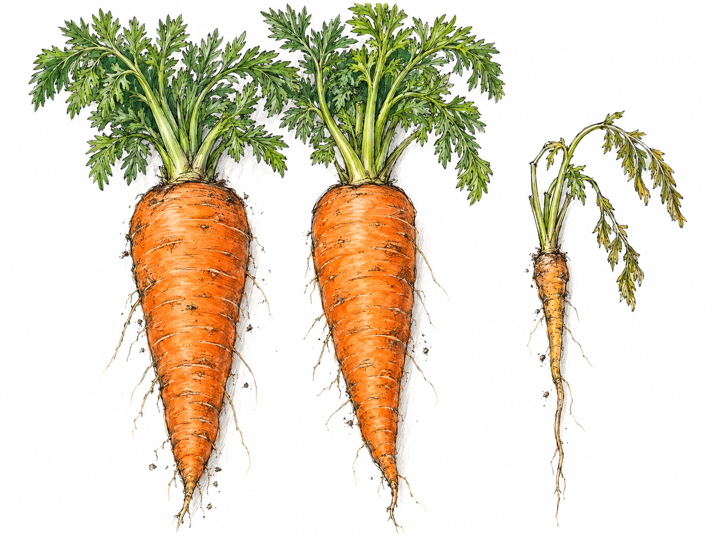 A puny carrot beside two robust carrots: its tiny, pencil-thin, slightly shriveled root looks conspicuously small and unimpressive against the thick, full-sized roots.