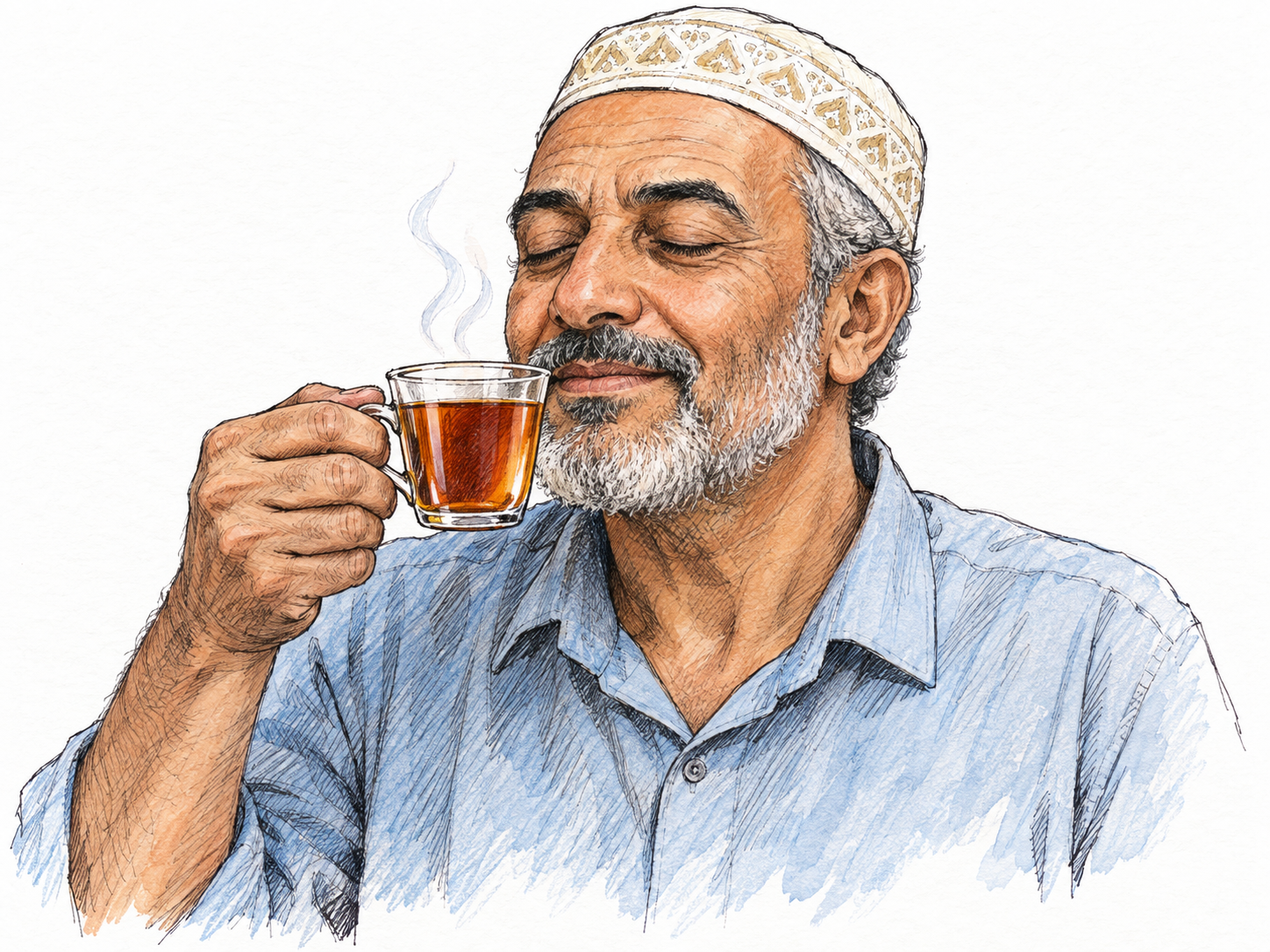 An older man enjoys the pleasant aroma rising from a freshly poured cup of tea, holding it near his nose with his eyes gently closed.