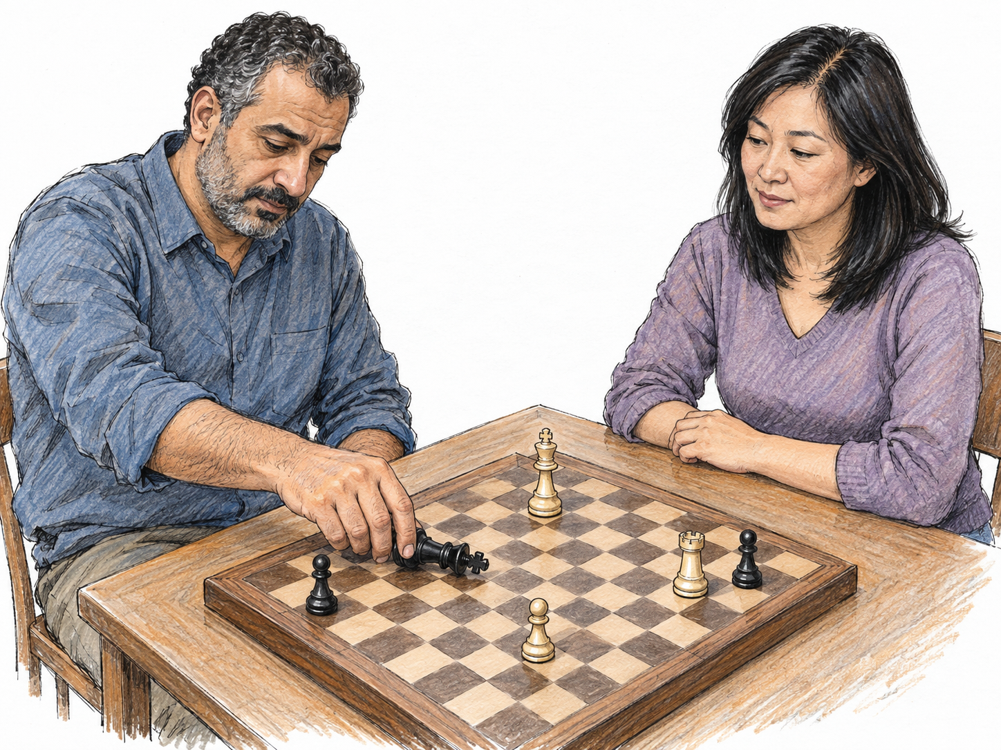 A chess player deliberately lays his own king on its side to concede the game while his opponent watches.