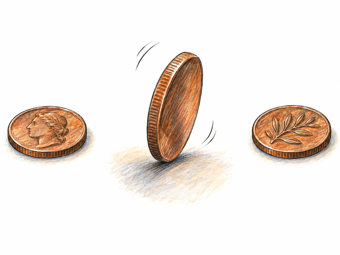 An indeterminate outcome shown by a coin still spinning on its edge, contrasted with two coins whose upward-facing sides are already settled.
