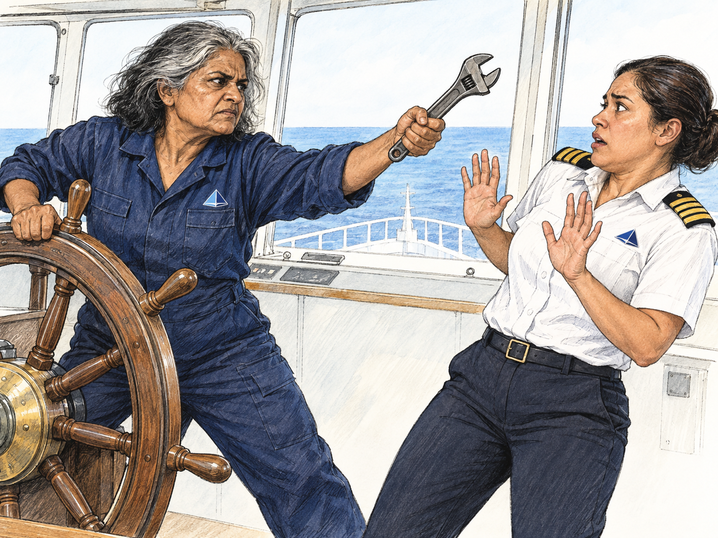 On a modern merchant ship's bridge, a crew member forcibly takes the helm from the uniformed captain, threatening the captain with a raised wrench.