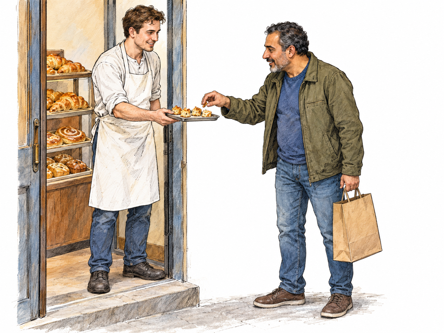 A bakery worker offers a tray of tempting pastry samples at the open entrance, drawing a passing man toward the bakery.