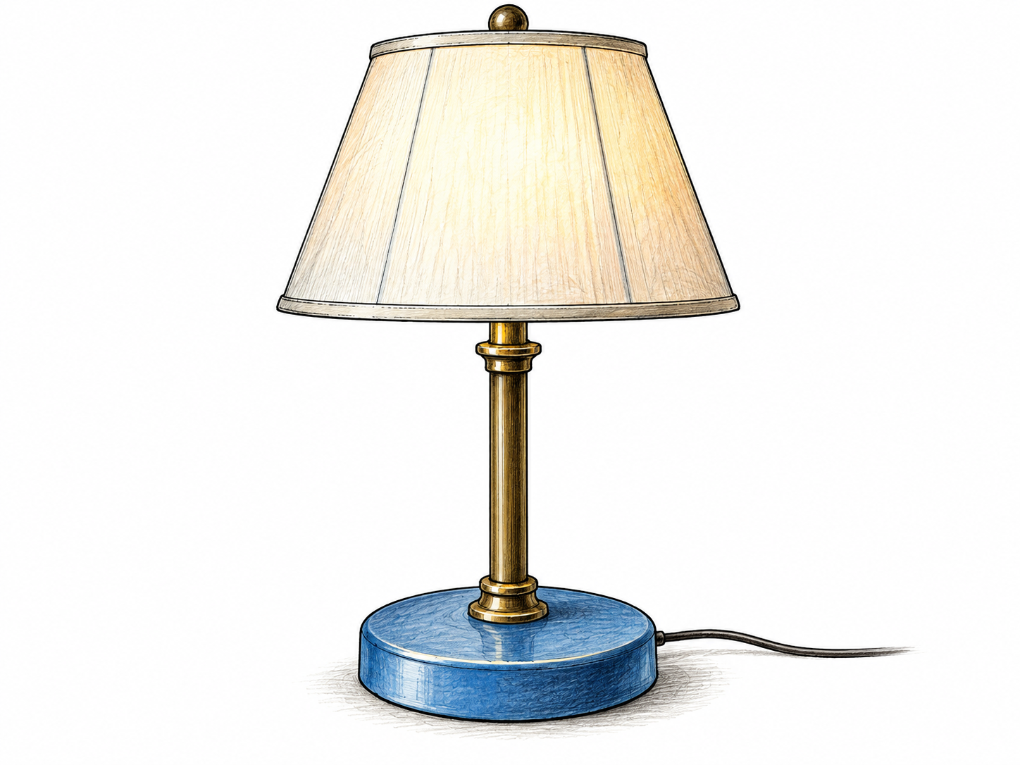 Simple table lamp with broad sturdy weighted circular base highlighted in blue beneath upright stem and shade; base bears full object weight, white background.