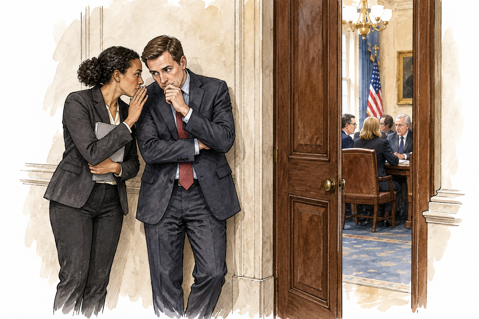 Two discreetly dressed political aides whispering behind a partially closed door in a government corridor while other officials meet beyond, secret plotting implied, no speech bubbles or writing.
