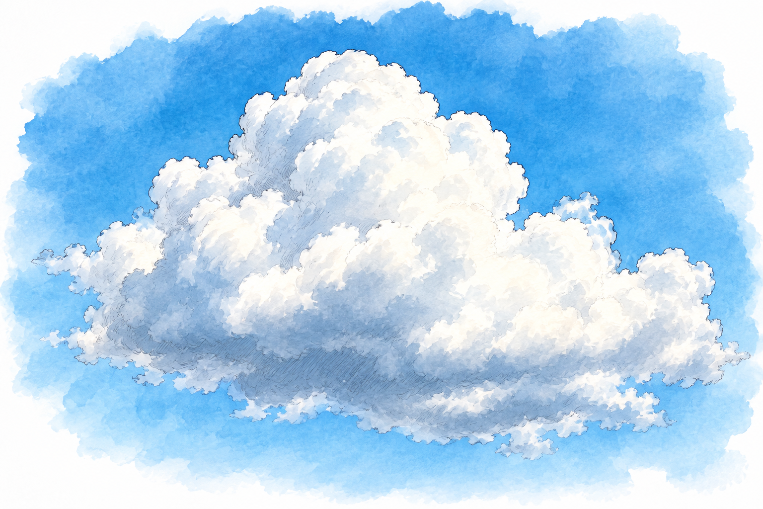 A natural white cumulus cloud floats in a blue sky wash, soft water-droplet appearance.