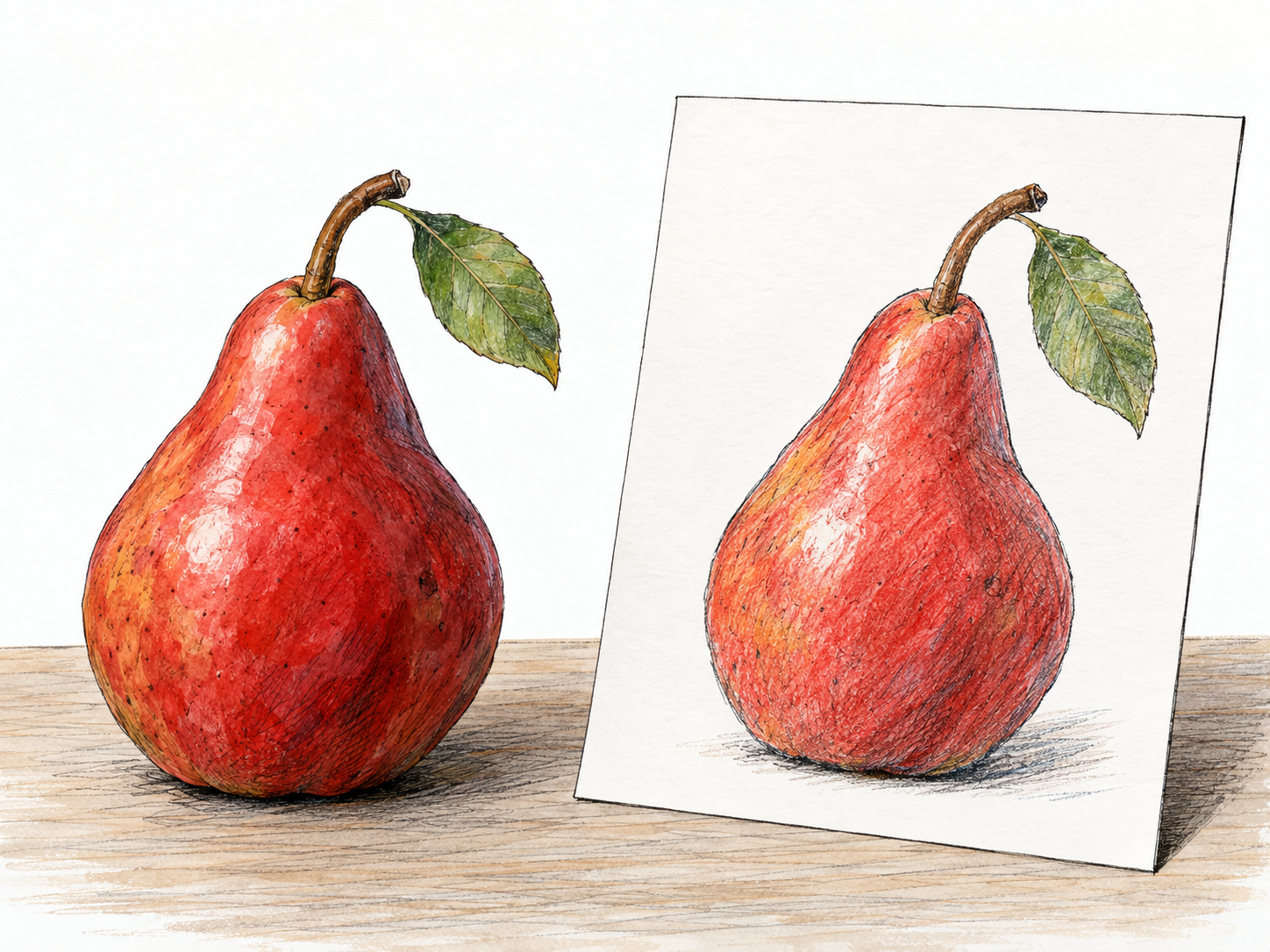 A real red pear with a green leaf sits beside a propped drawing showing that same pear, including its distinctive curved stem and leaf.