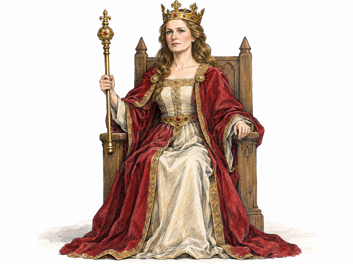 An unnamed crowned queen seated upright on a throne holds an ornate gold scepter vertically beside her.