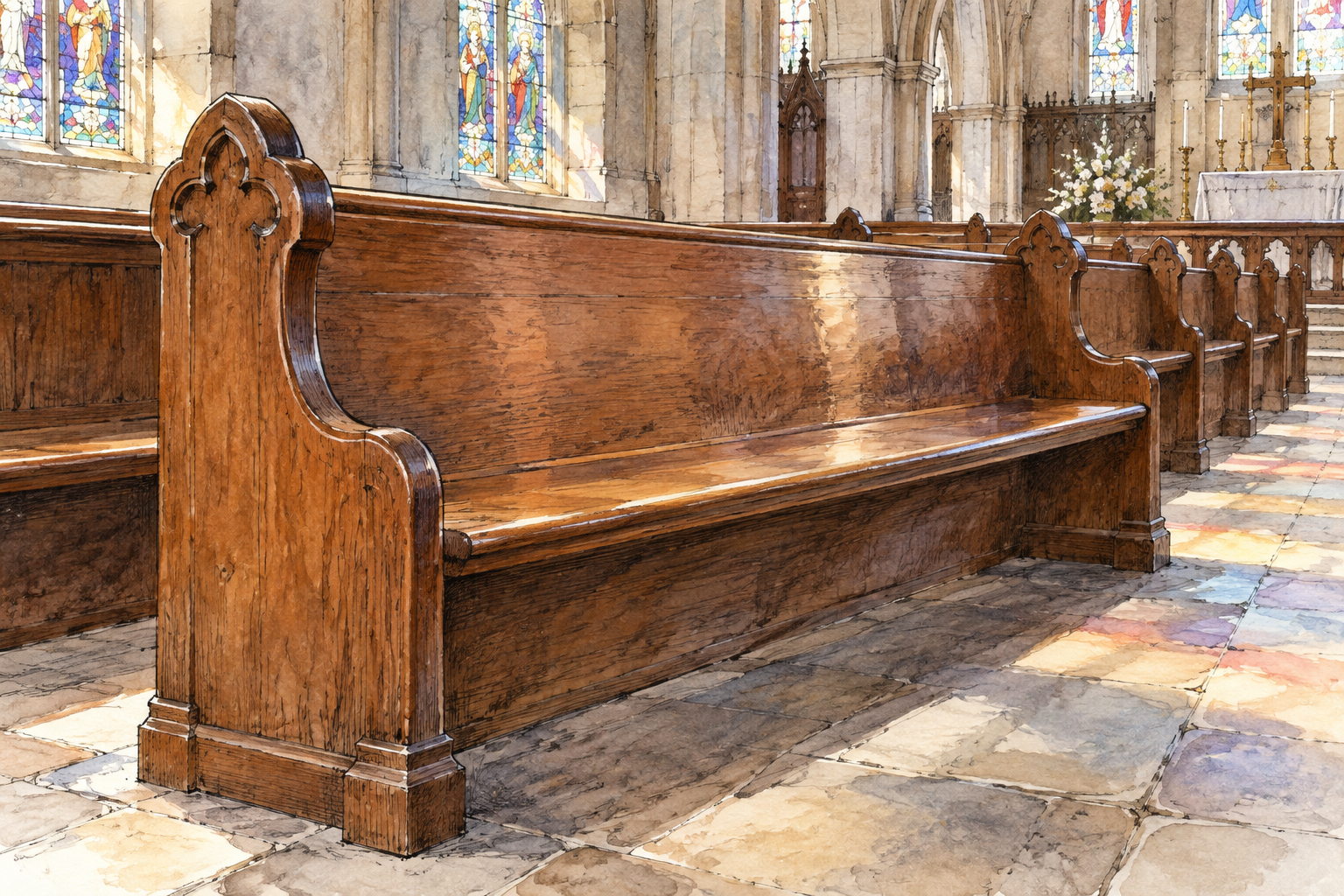 A long polished wooden church pew with high back and simple carved ends seen at three-quarter angle, further pew rows recede toward soft stained-glass light.