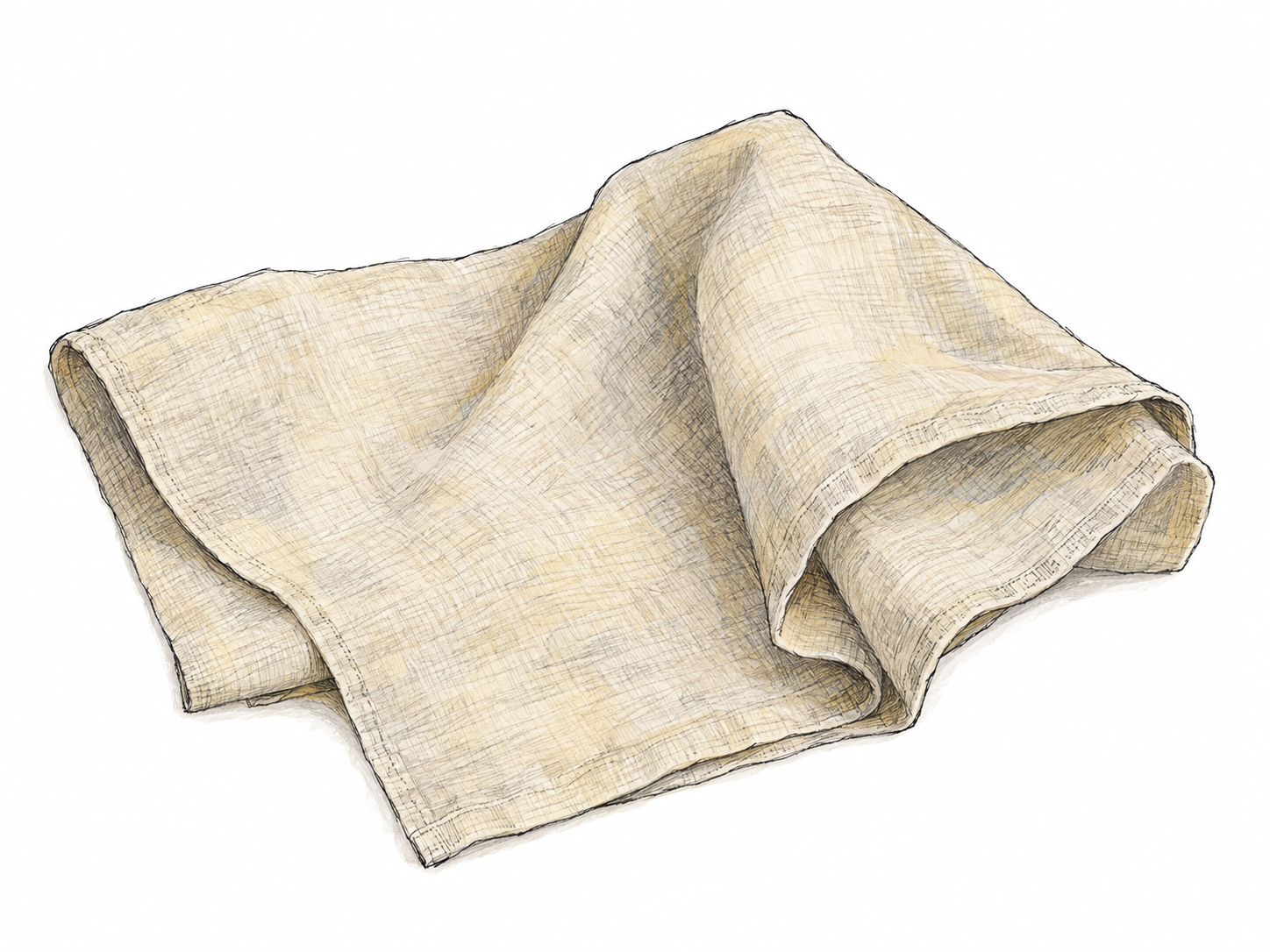 A loosely folded piece of unbleached linen in pale beige with a subtle grayish-yellow cast, isolated on white so its ecru color is clear.